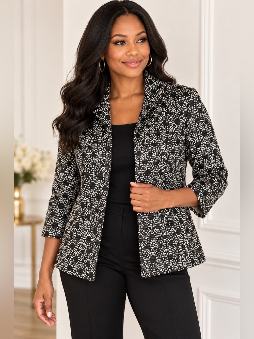 Lafayette 148 New York Black White Textured Jacquard Blazer Jacket Size 2